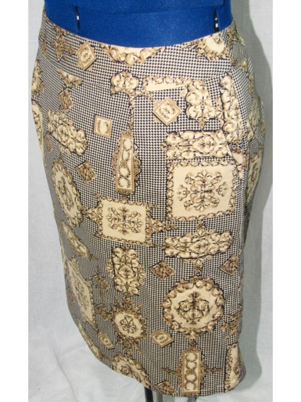 Women 10 Preppy Old Money Pencil Skirt Modest Houndstooth 90s Retro Ornate Earth - Picture 4 of 10